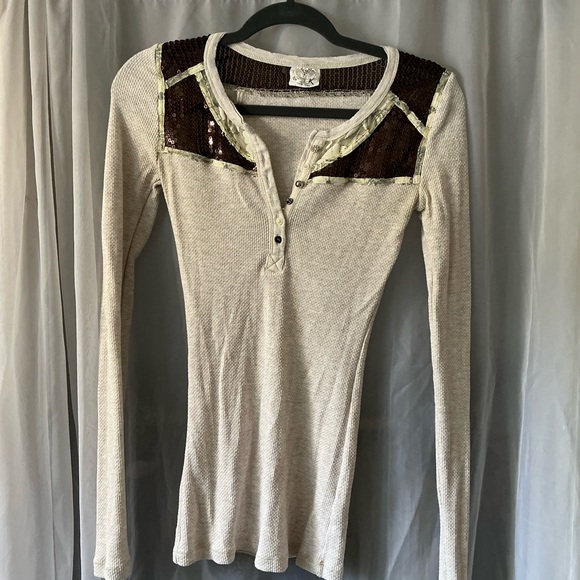 Free People Tops - Free people Women's Cream and Brown Long Sleeve Top size small